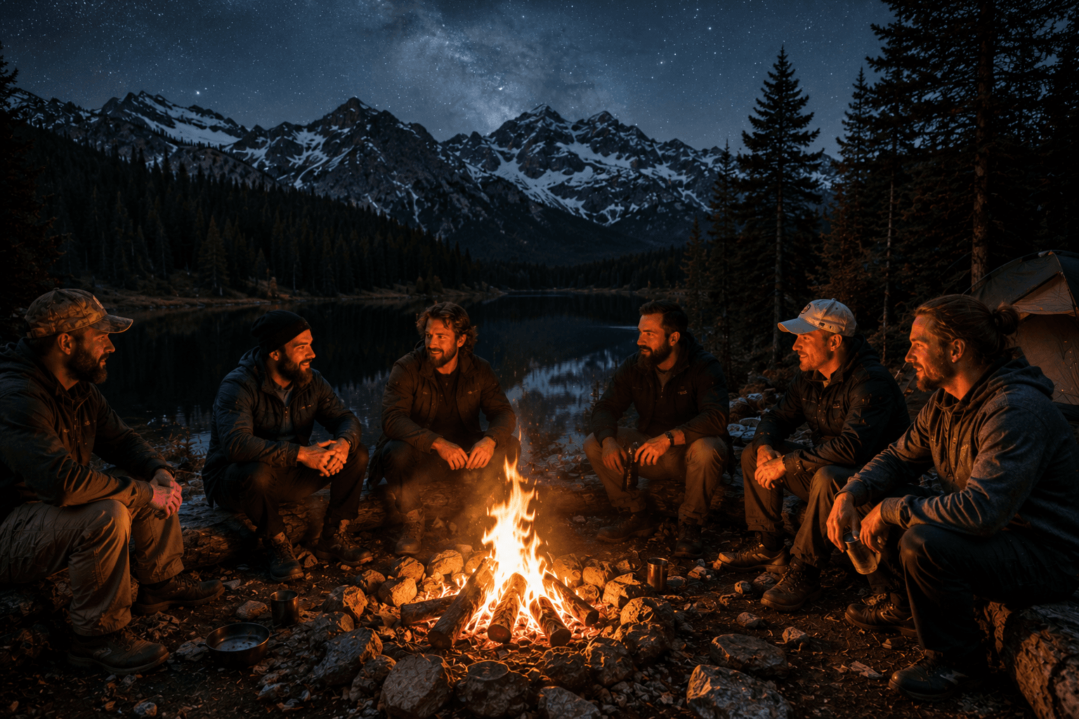 Men gathered around a campfire in the wilderness